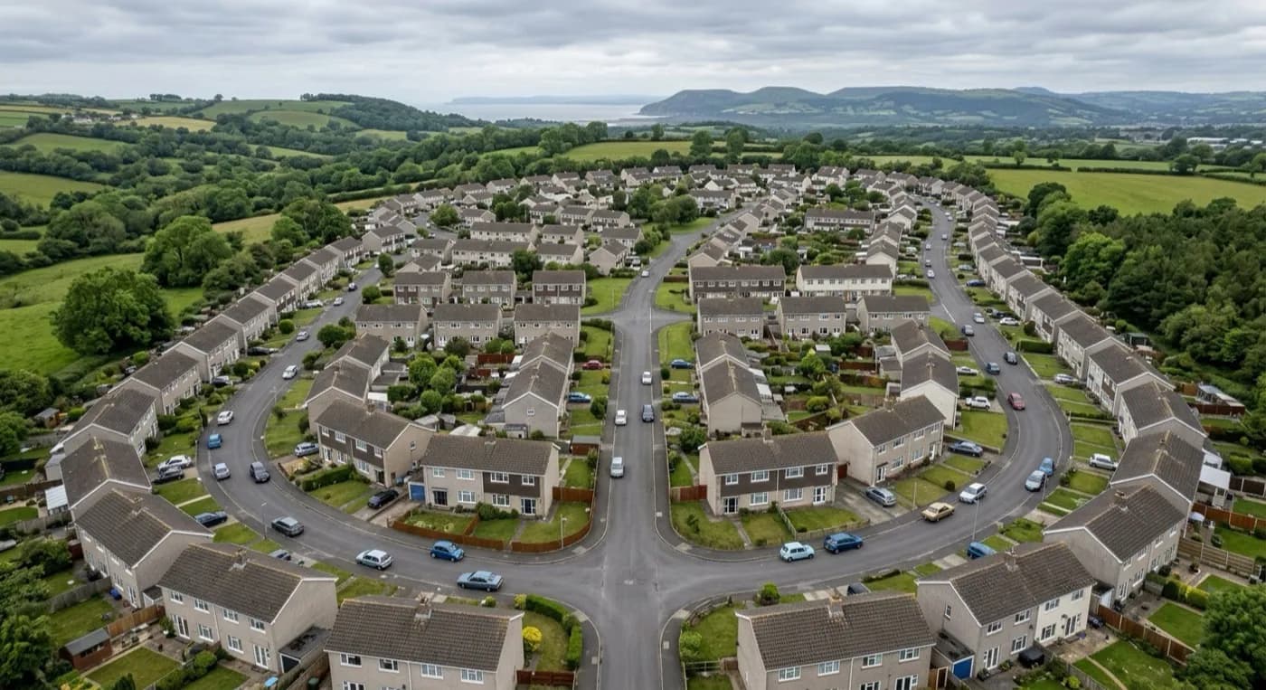 Aerial view of a 1960s and 70s housing estate with shallow-pitched roofs and rendered elevations