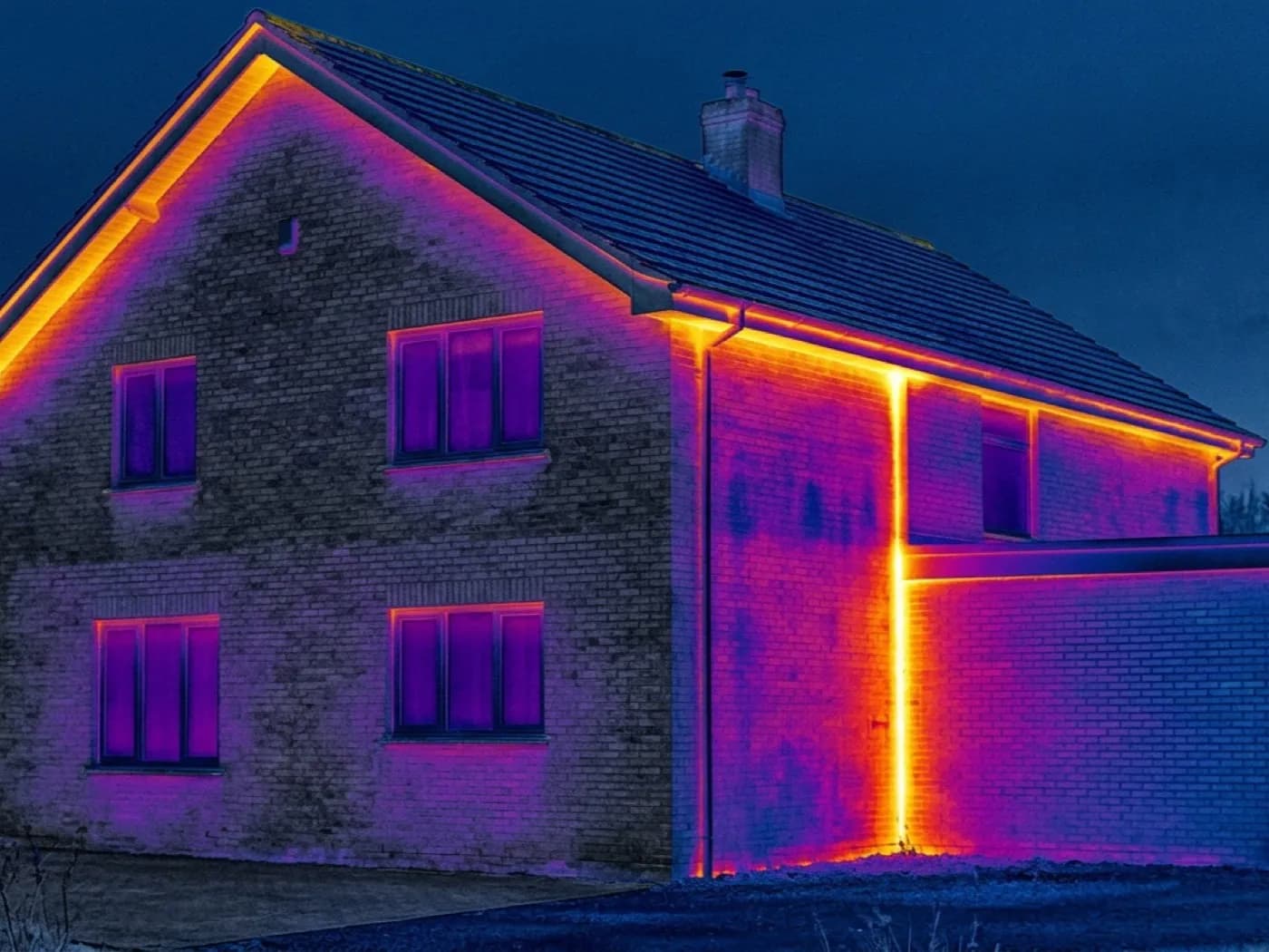 Thermal camera image of a house gable end at dusk showing a warm vertical strip at a wall junction against a cooler surrounding wall